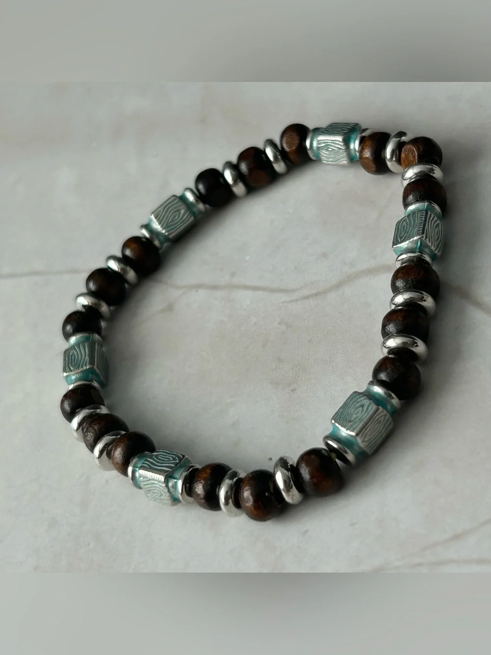 Turquoise Accent Wooden Bead Stretch Bracelet